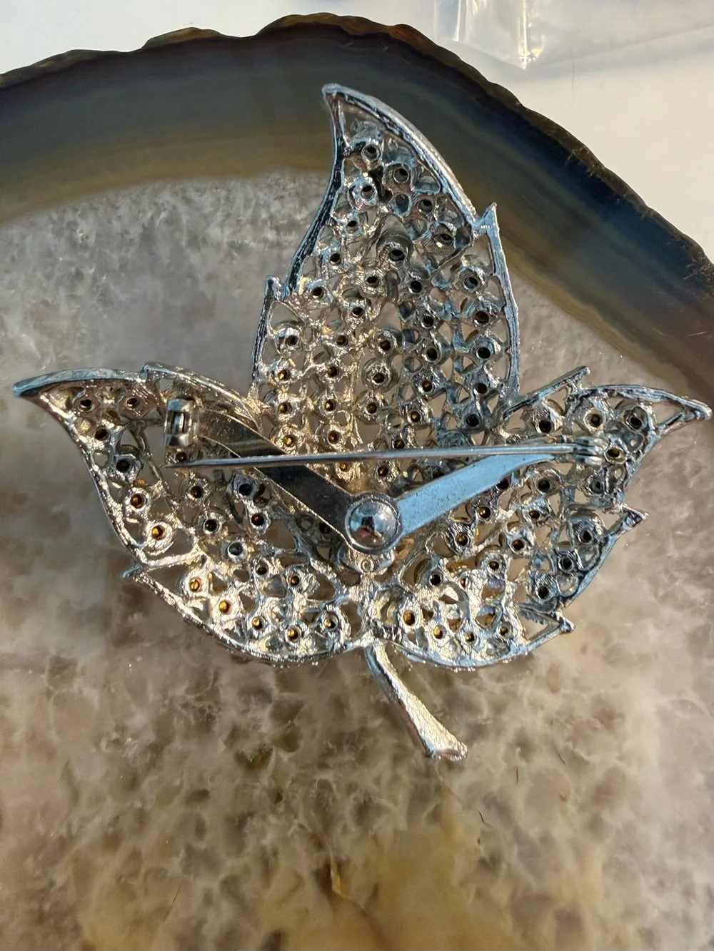 Vintage Weiss Blue rhinestone Leaf Brooch  2.5” x 3